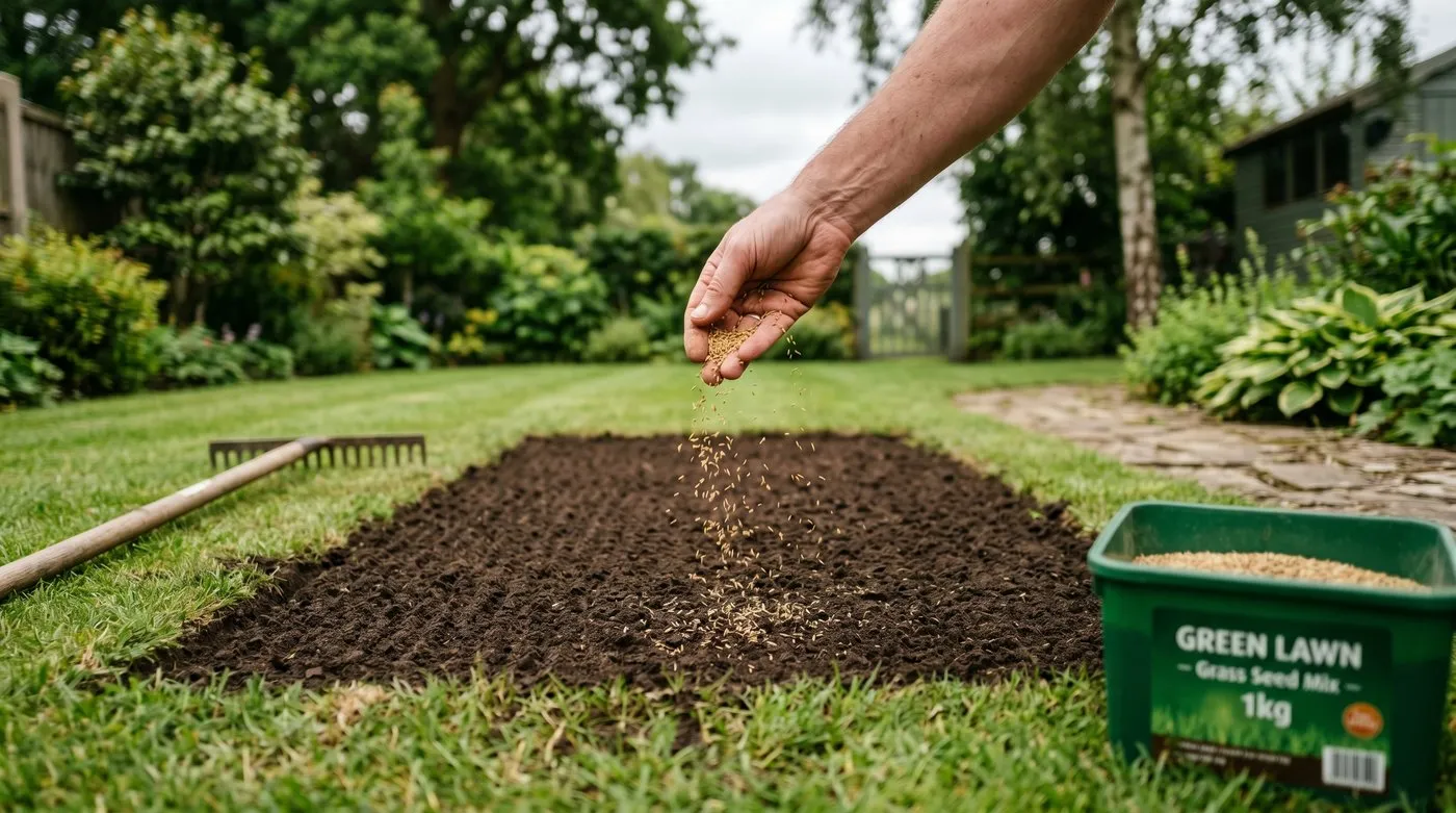 Reseeding a bare patch of lawn with grass seed after iron sulphate scorch has been raked out
