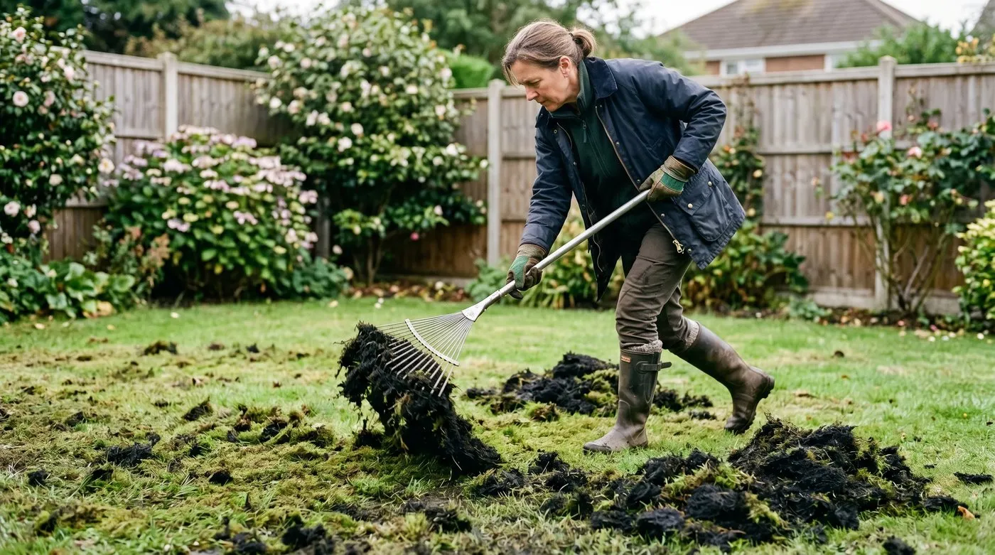 Gardener scarifying dead blackened moss out of a recovering lawn with a spring-tine rake