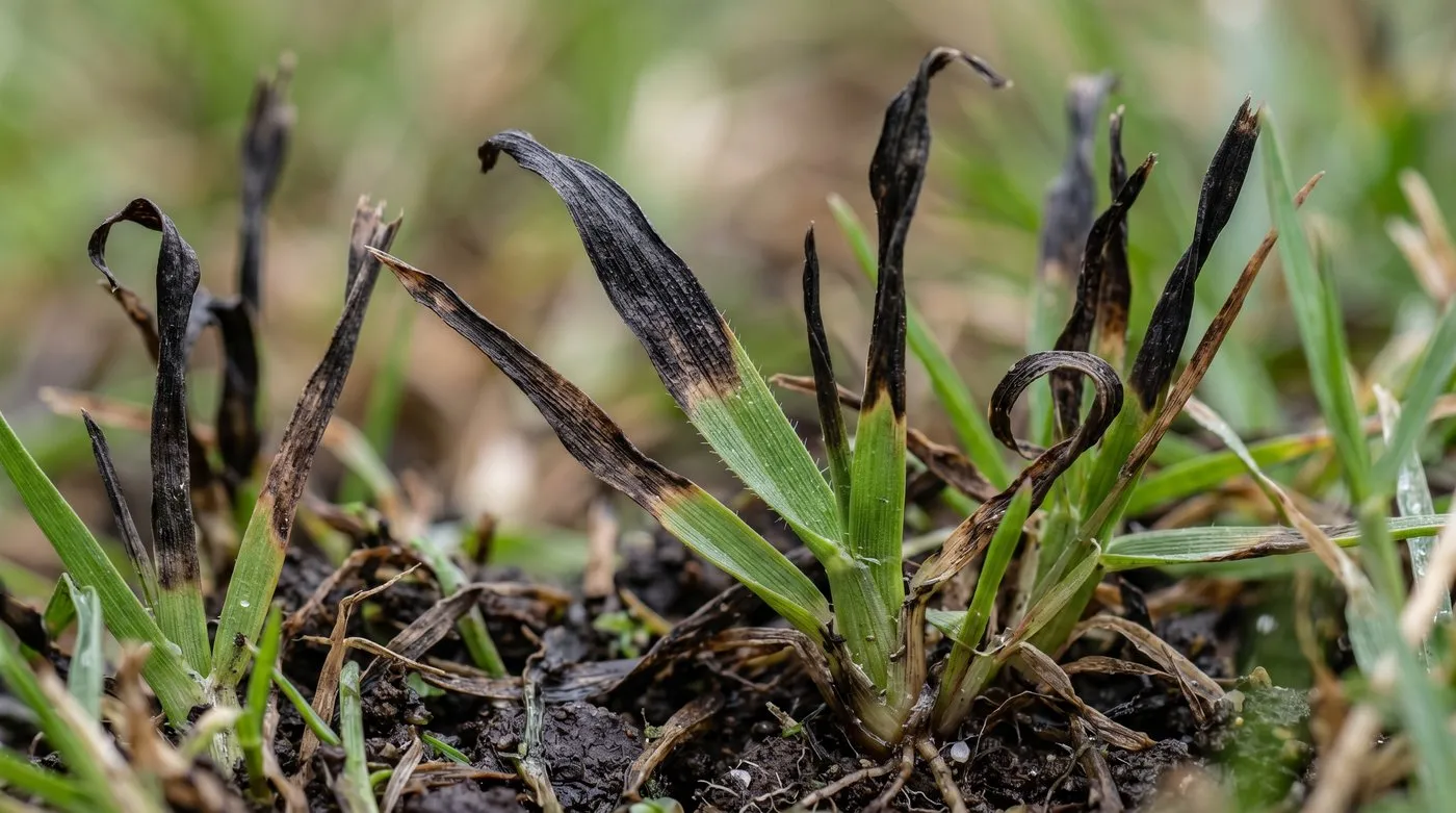Close-up of scorched grass blades showing black tips and browning after iron sulphate burn