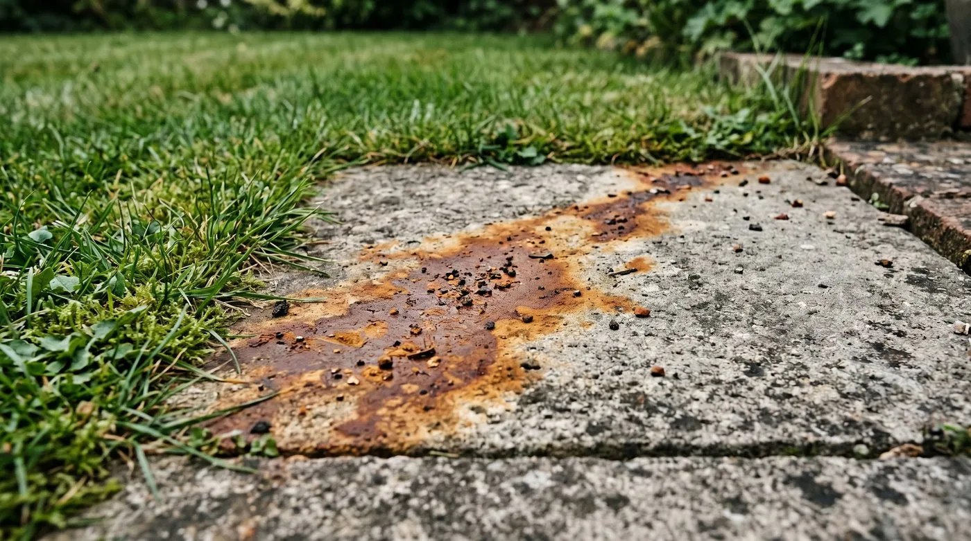Rust-brown iron sulphate stain on a grey concrete paving slab next to a lawn edge