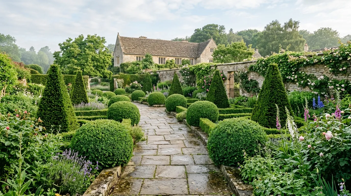 Clipped box topiary spheres and yew pyramids in a formal English garden