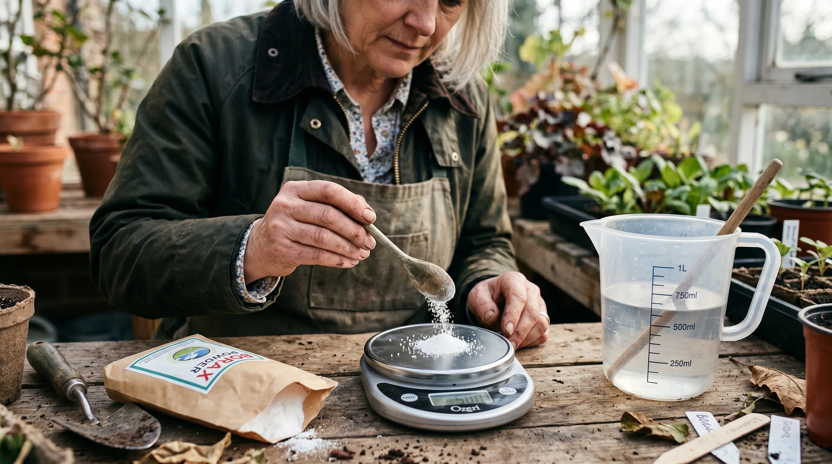 A UK gardener carefully weighing 5g of borax crystals on a small kitchen scale, ready to dissolve in 1 litre of water for a single-square-metre soil drench application