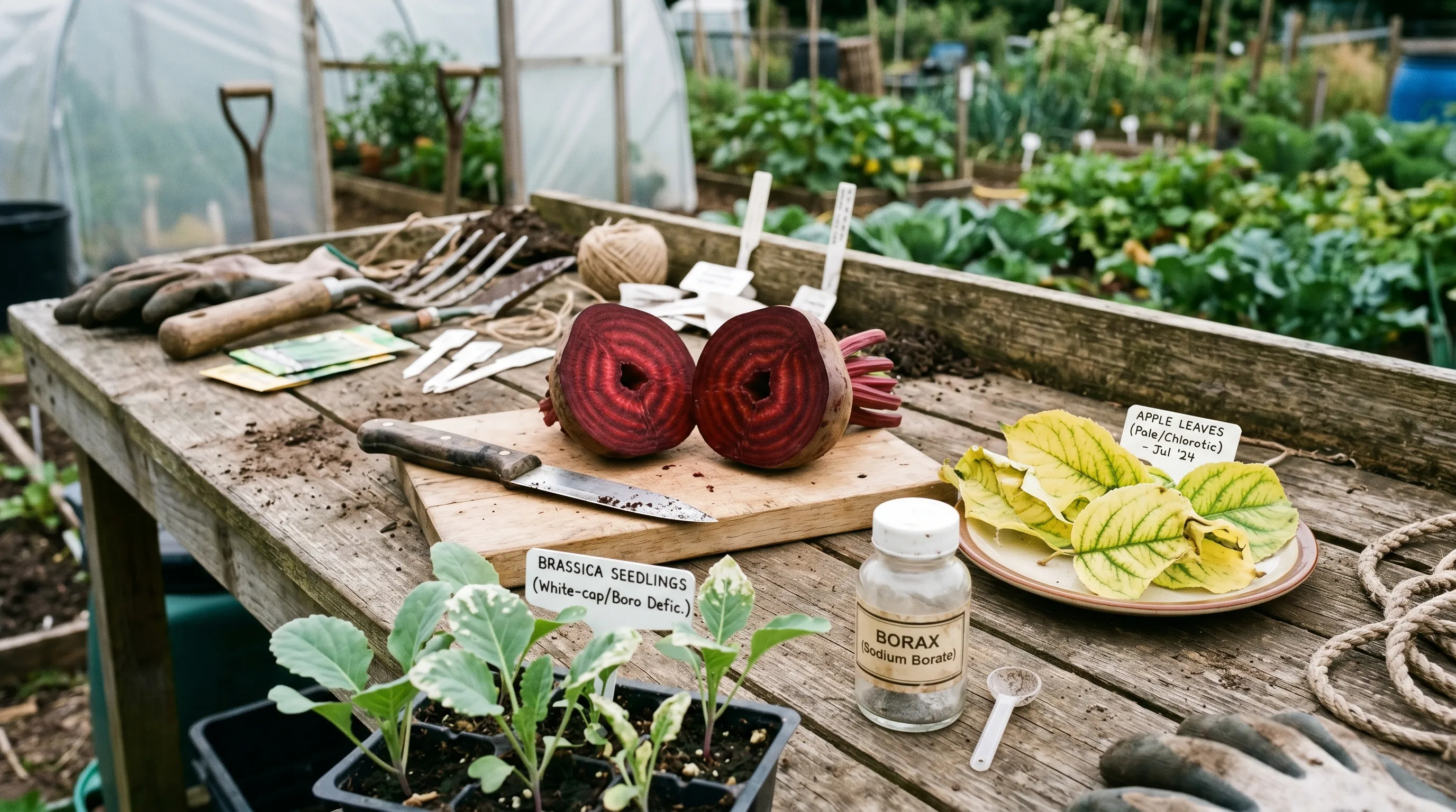 A UK allotment bench showing diagnostic samples: hollow beetroot from boron deficiency, pale apple leaves from manganese, and white-cap brassica seedlings from zinc
