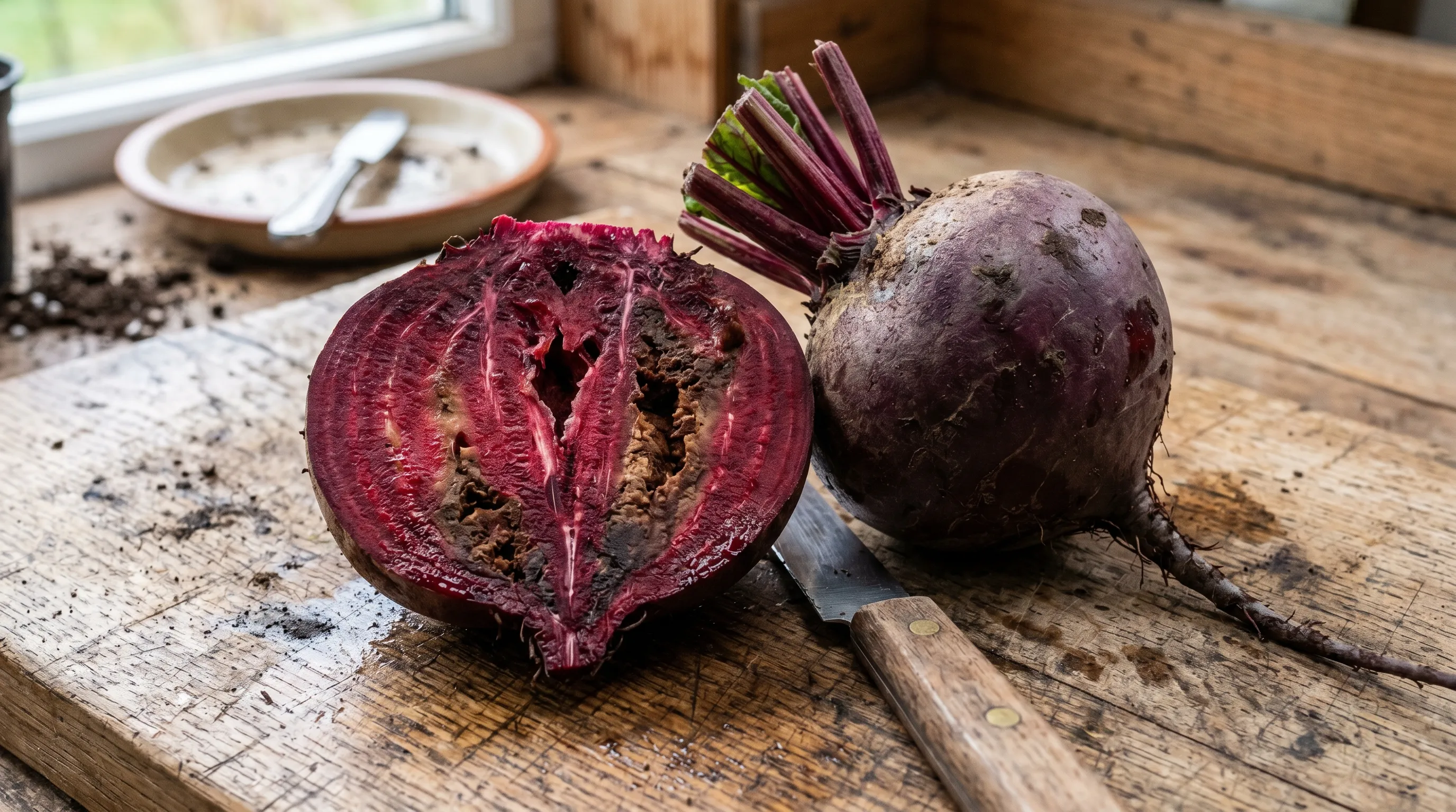 A diagnostic cross-section of a UK beetroot showing classic boron-deficiency hollow heart, brown rotten patches inside the root flesh, next to a healthy whole beetroot for comparison