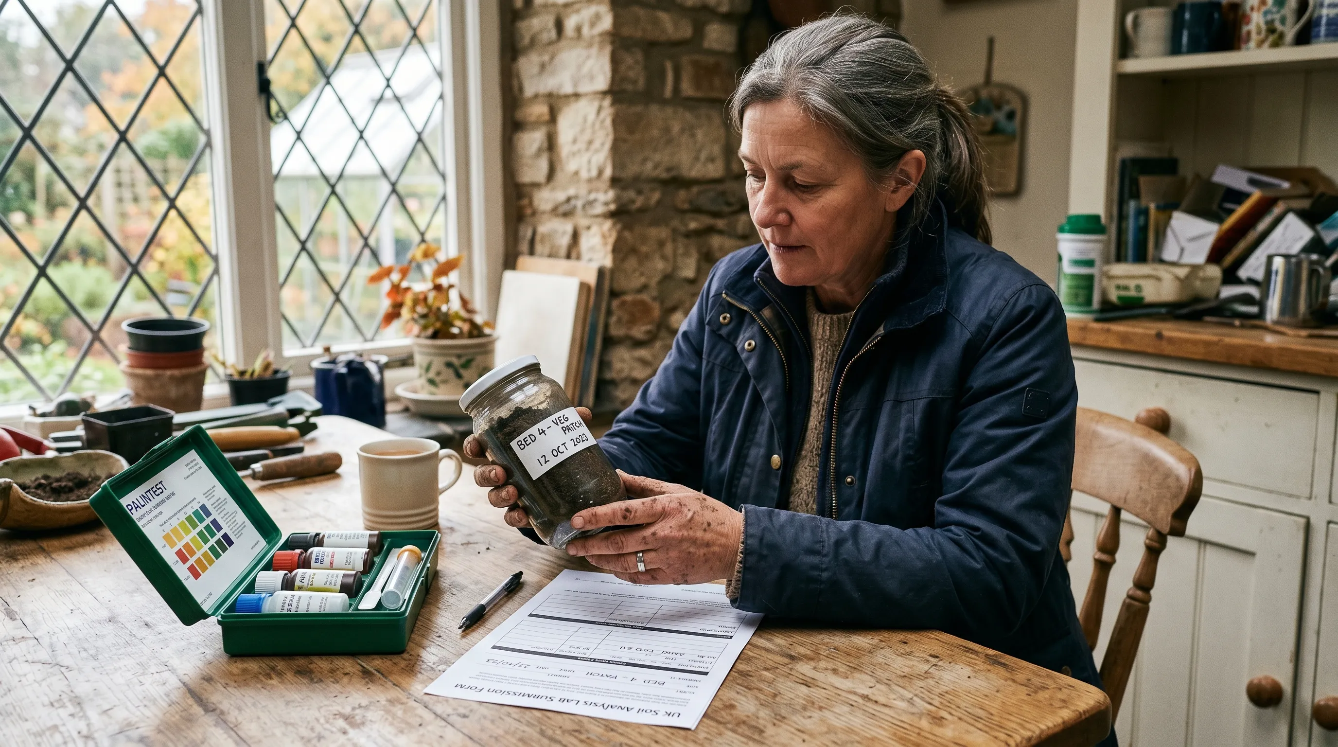 A UK gardener at a kitchen table holding a soil sample jar marked with bed location and date, next to a UK lab submission form and pH test kit