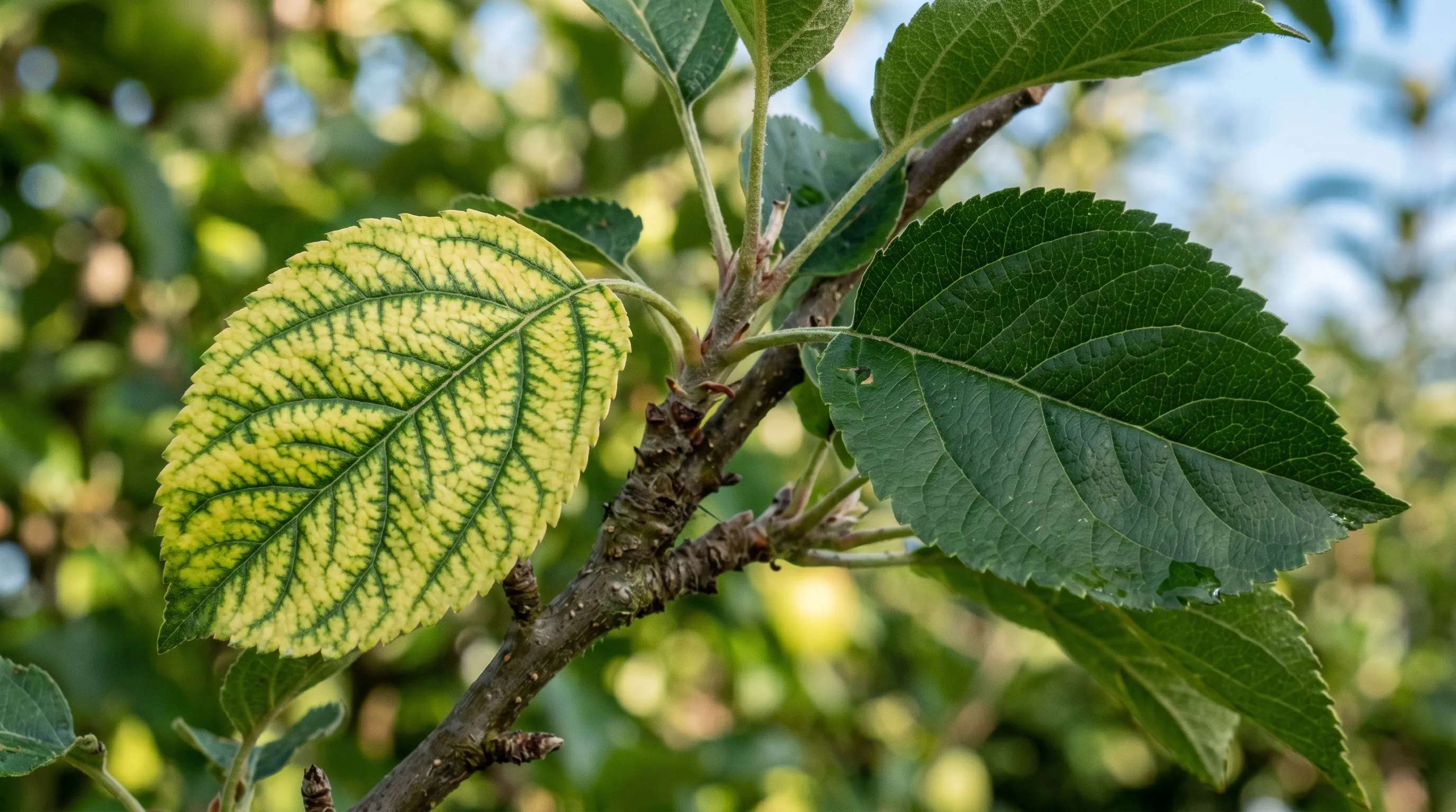 A diagnostic close-up of a UK apple tree branch showing manganese-deficient leaves with pale yellow patches between green veins, beside a healthy dark green leaf on the same branch for comparison
