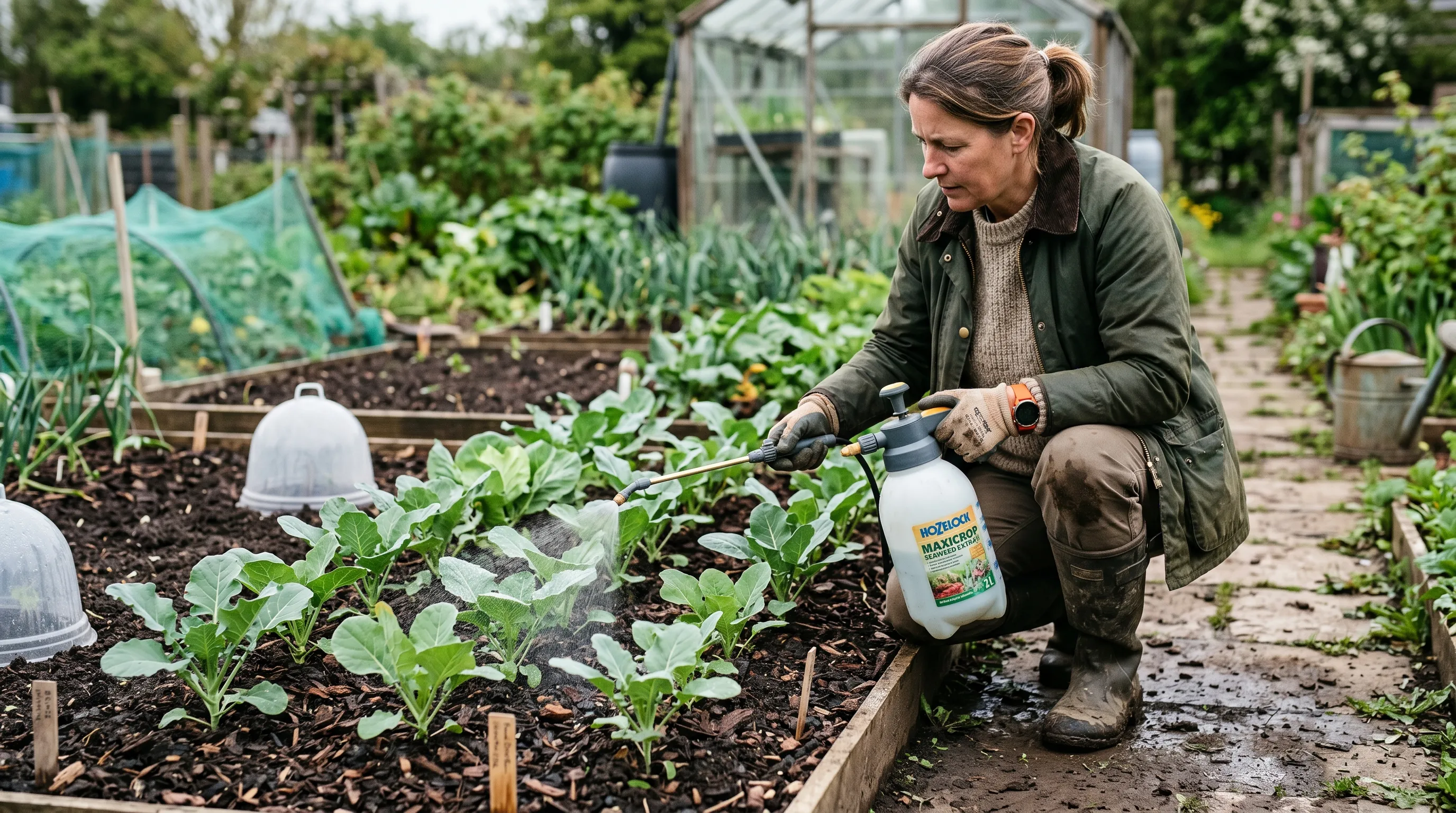 A UK gardener applying foliar Maxicrop seaweed extract to a row of brassica seedlings with a hand-pump sprayer, the spray clearly visible as a fine mist on the leaf undersides
