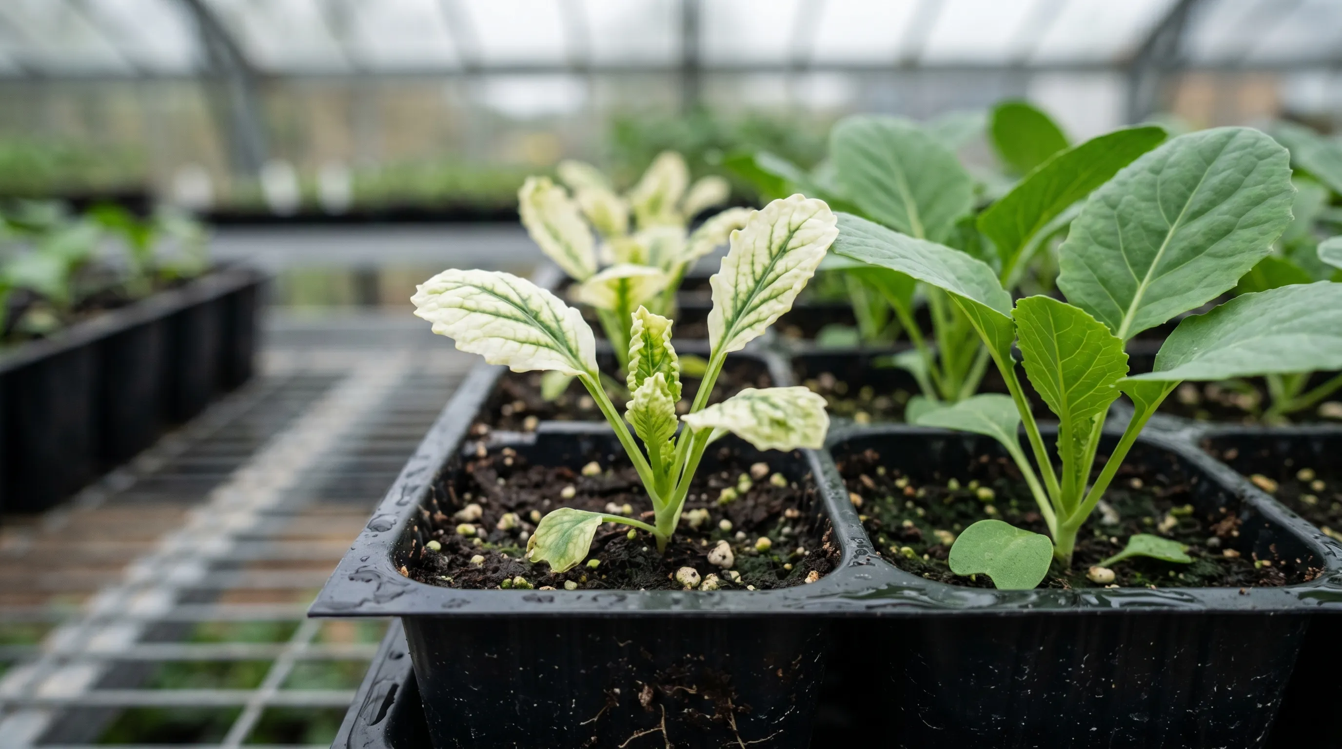 A close-up of a UK seedling brassica tray showing zinc-deficient seedlings with pale white-yellow caps on small puckered upper leaves, beside a healthy green seedling for comparison
