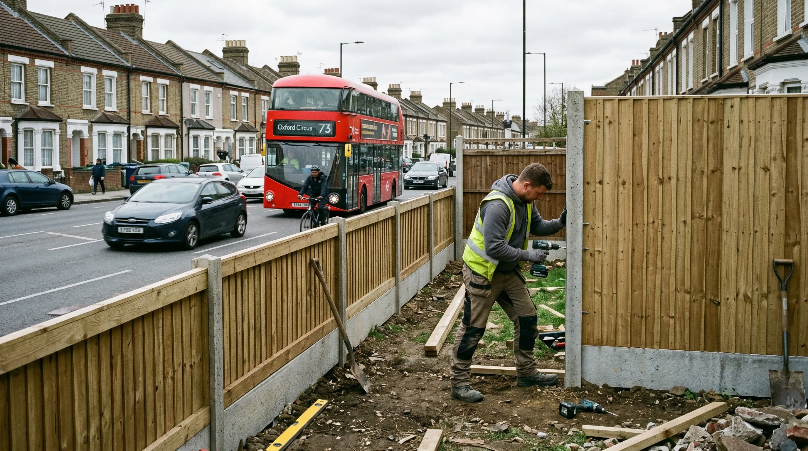 Solid acoustic close-board fence on concrete gravel boards being installed beside a busy road in a UK terraced street