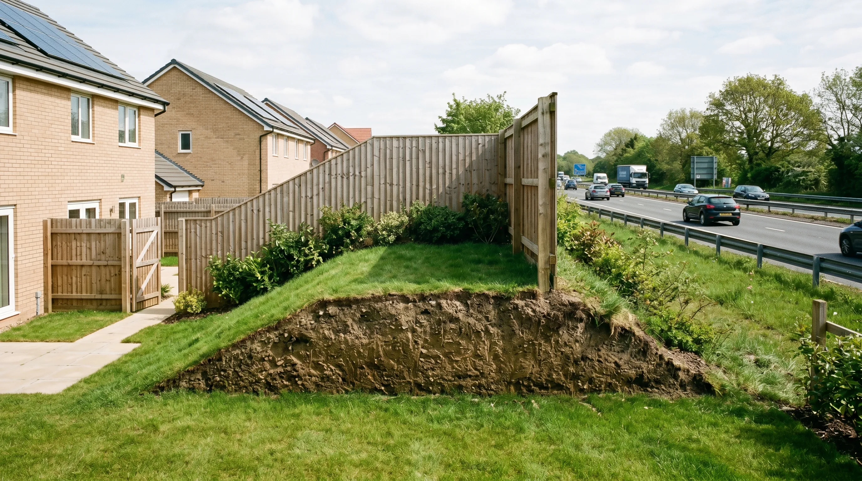 Cross-section of a grassed earth bund with an acoustic fence on top, separating new-build houses from a busy road