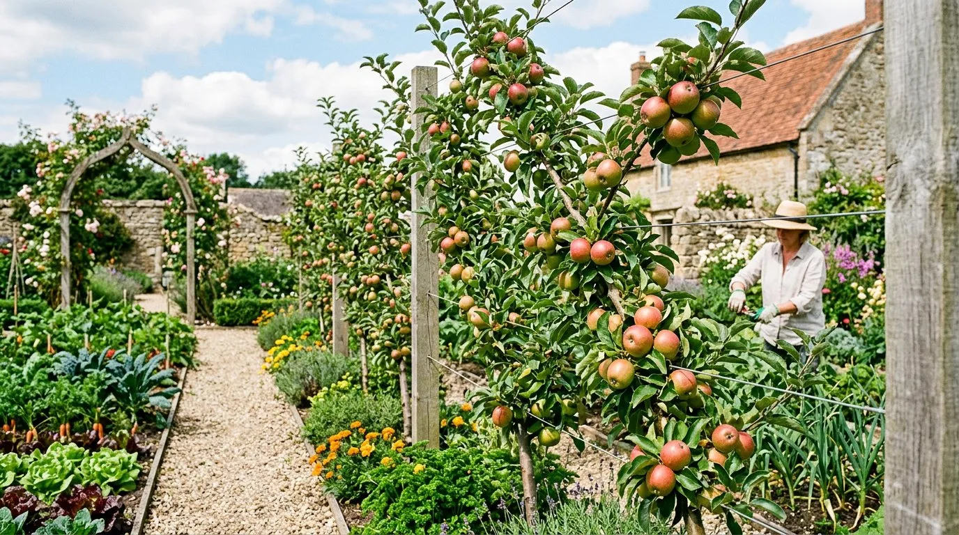 Row of espalier cordon fruit trees planted at 45 degrees