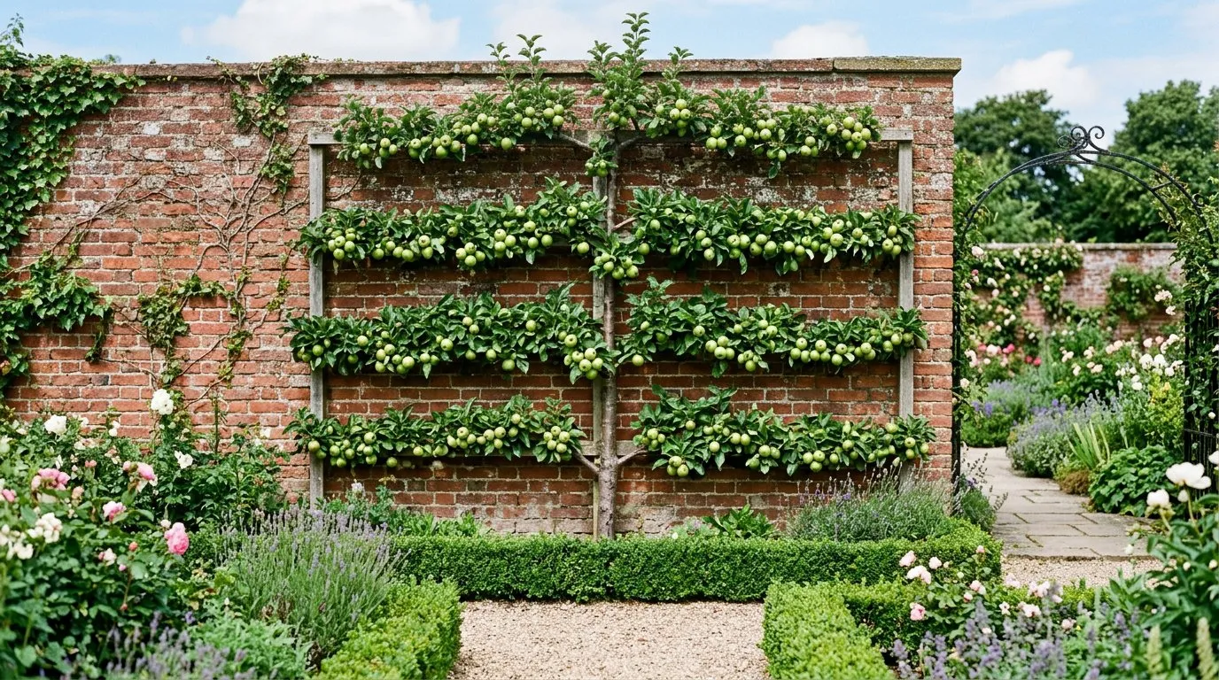 Four-tier espalier apple tree against a red brick wall