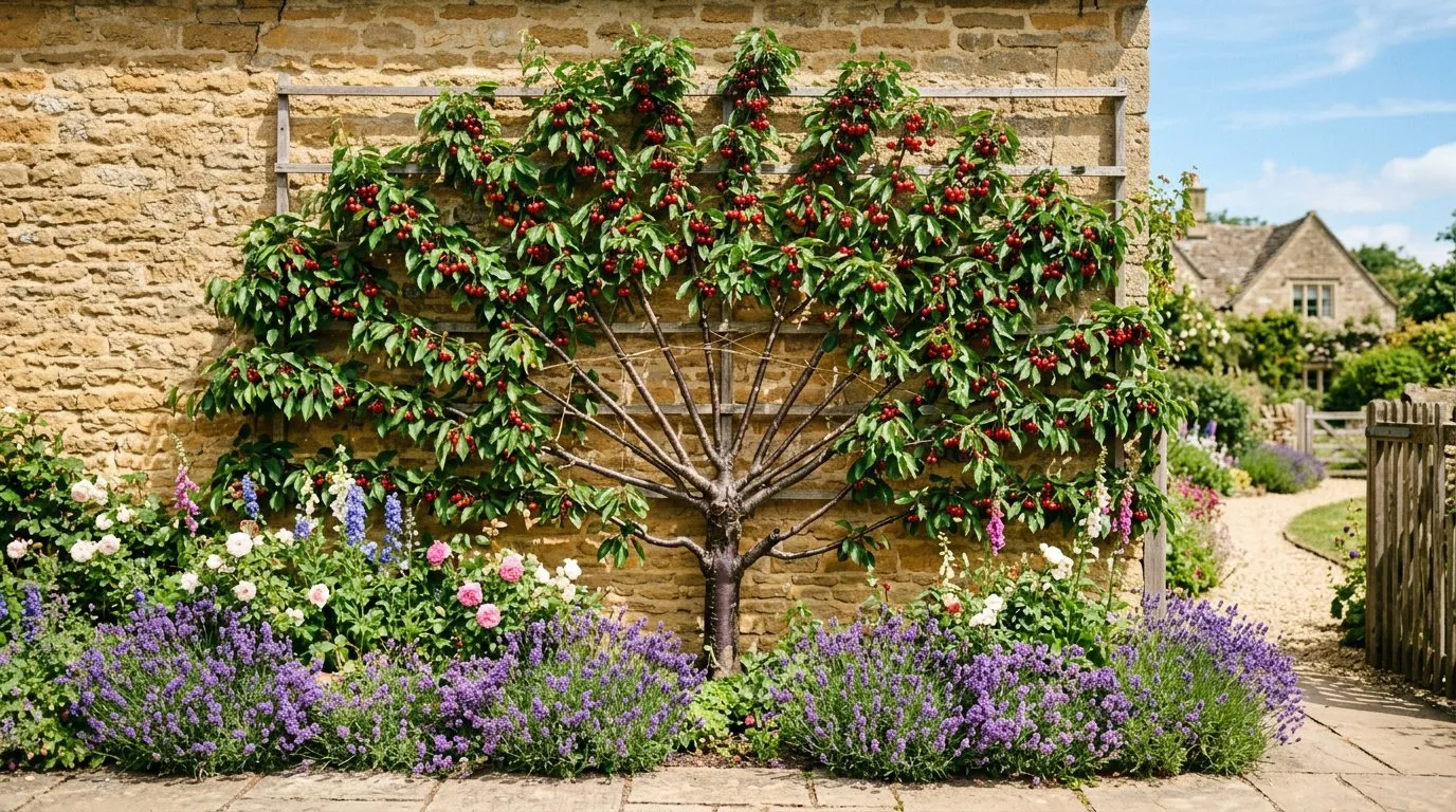 Espalier cherry fruit tree fan-trained against a sunny garden wall