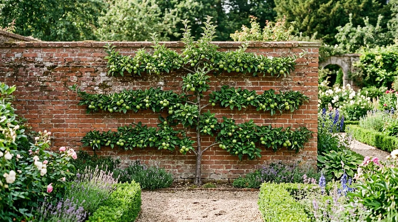 Espalier apple tree trained against a brick wall in an English walled garden