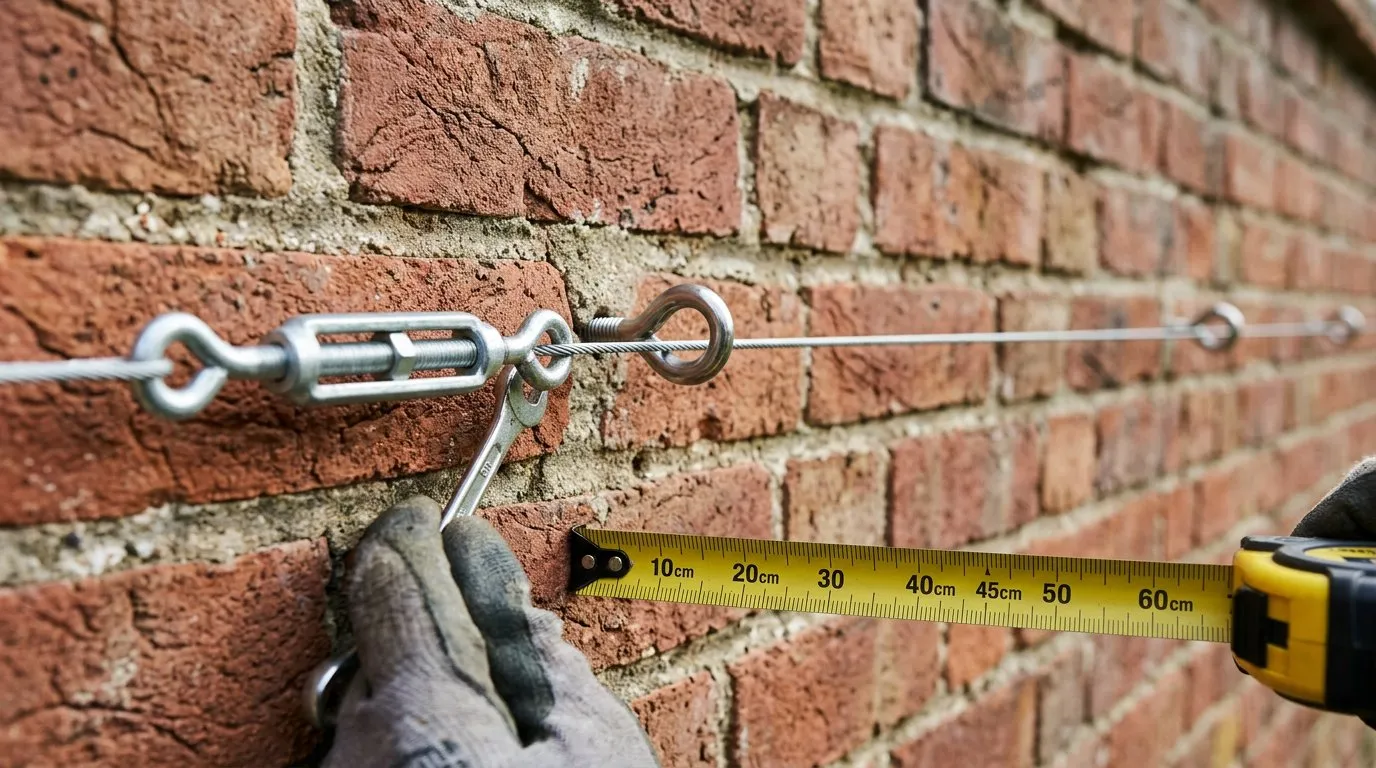 Espalier fruit tree wire training system with vine eyes and tensioning bolts