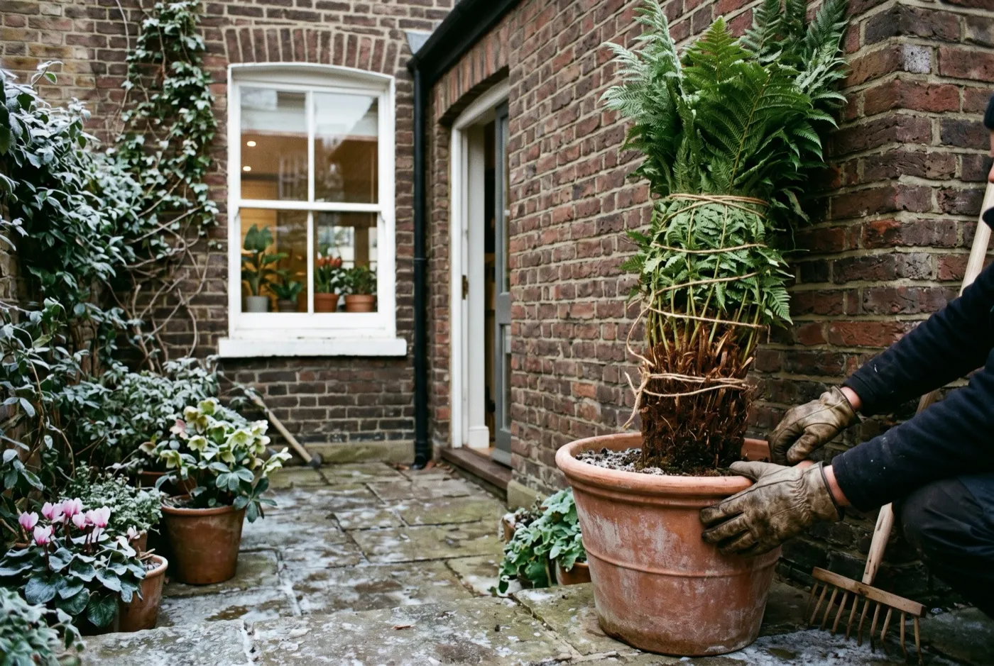A potted Dicksonia antarctica tree fern moved against a warm brick wall in a London courtyard for winter