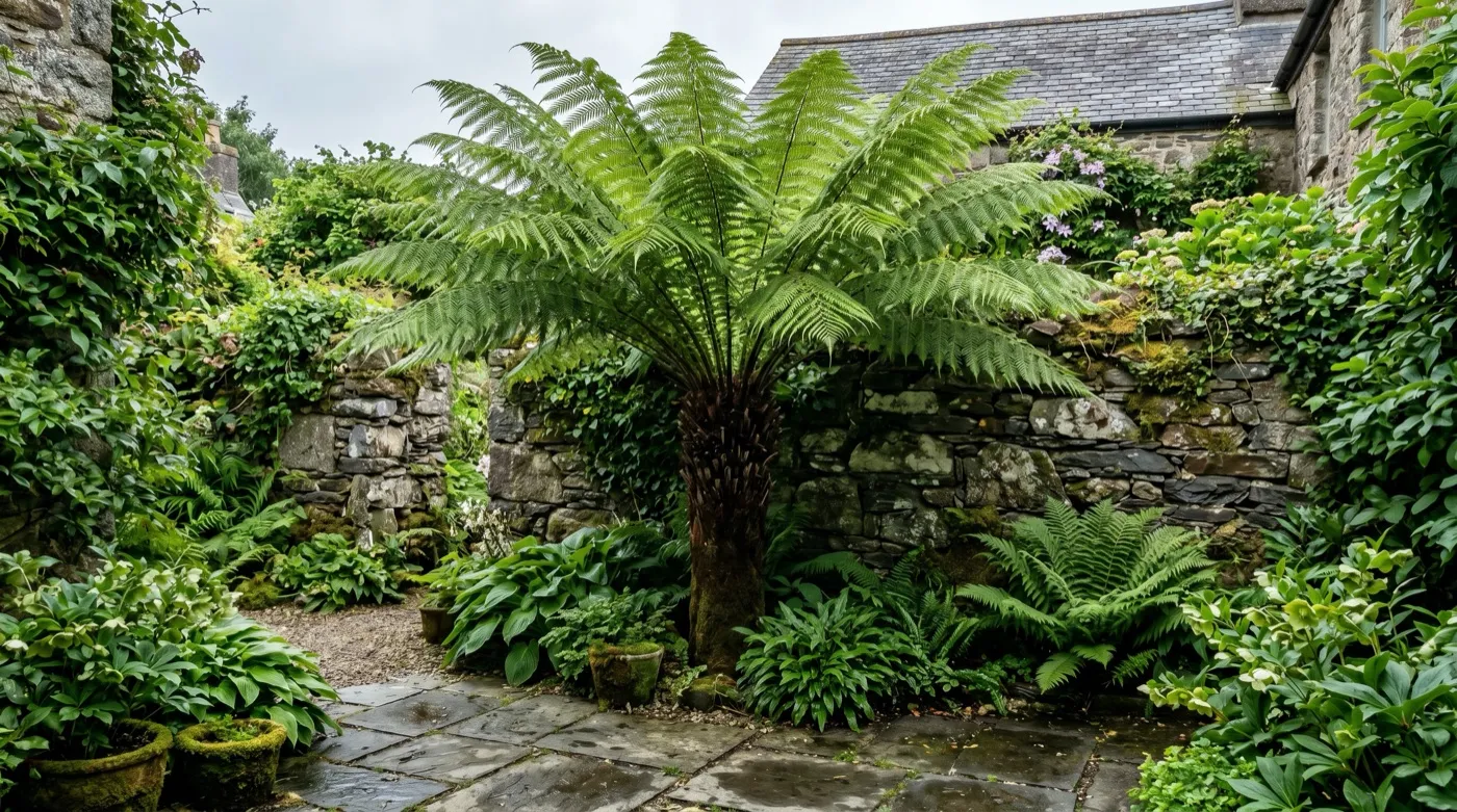 Mature tree fern thriving in a sheltered Cornish courtyard garden with lush green fronds and a stone wall behind