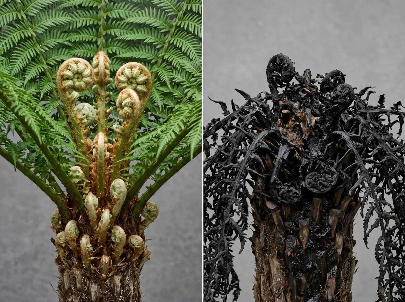 Diagram comparing a healthy firm pale-green tree fern crown against a black frost-damaged mushy crown