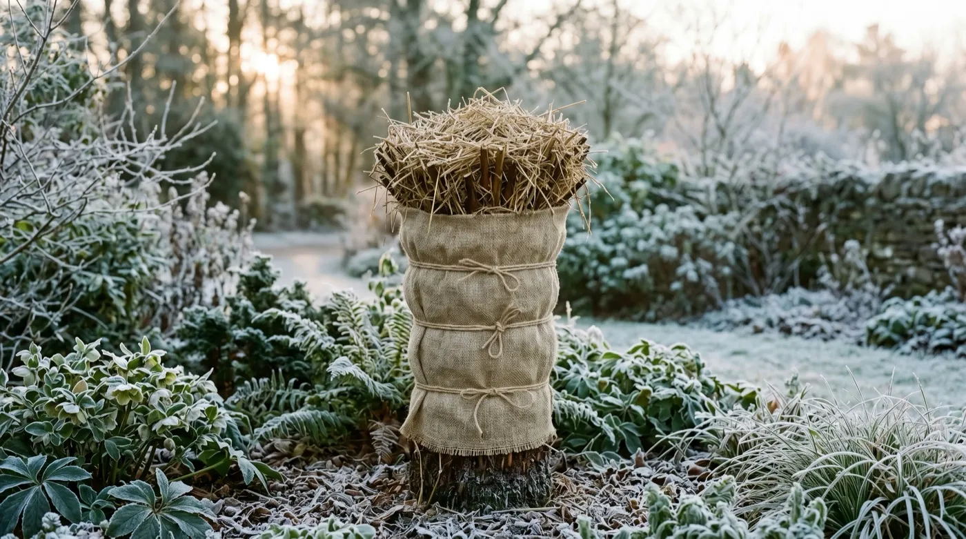 Tree fern with straw-packed crown and fleece-wrapped trunk standing in a frosty UK garden border