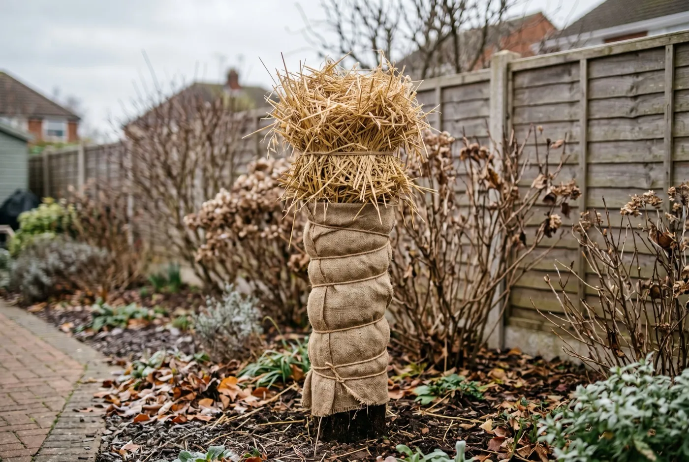 Tree fern trunk wrapped in hessian with the crown packed full of golden straw in a suburban winter garden