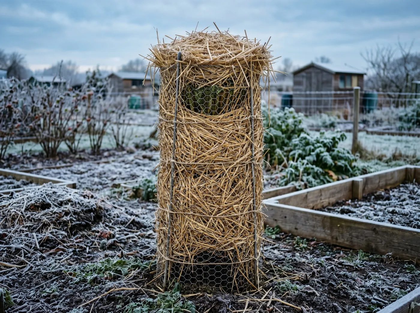 Chicken-wire cage filled with straw built around a tree fern trunk in an exposed allotment plot under frost