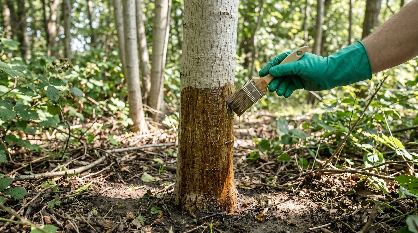 A 30cm band of triclopyr and penetrating oil painted around the base of a standing Tree of Heaven trunk for basal-bark treatment