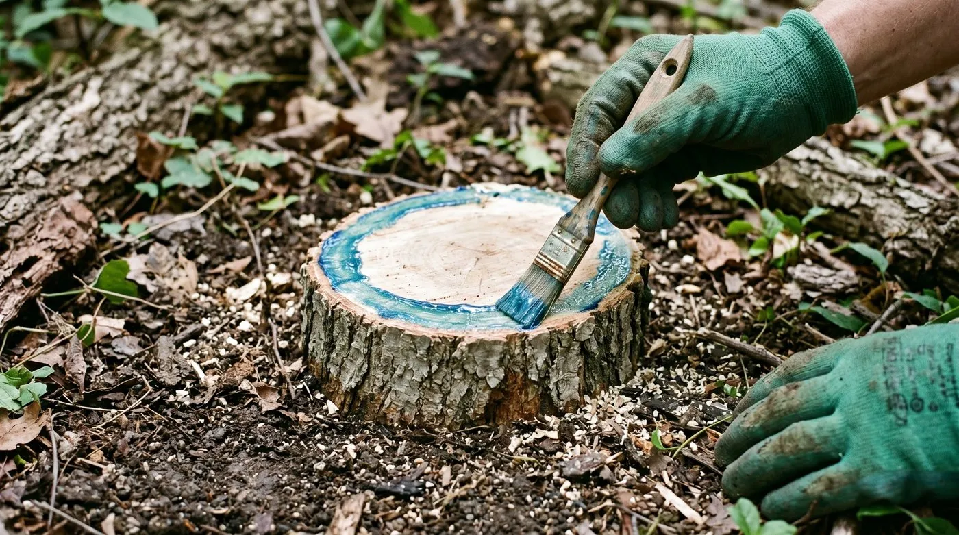 A gloved hand applying triclopyr herbicide gel to a freshly cut Tree of Heaven stump