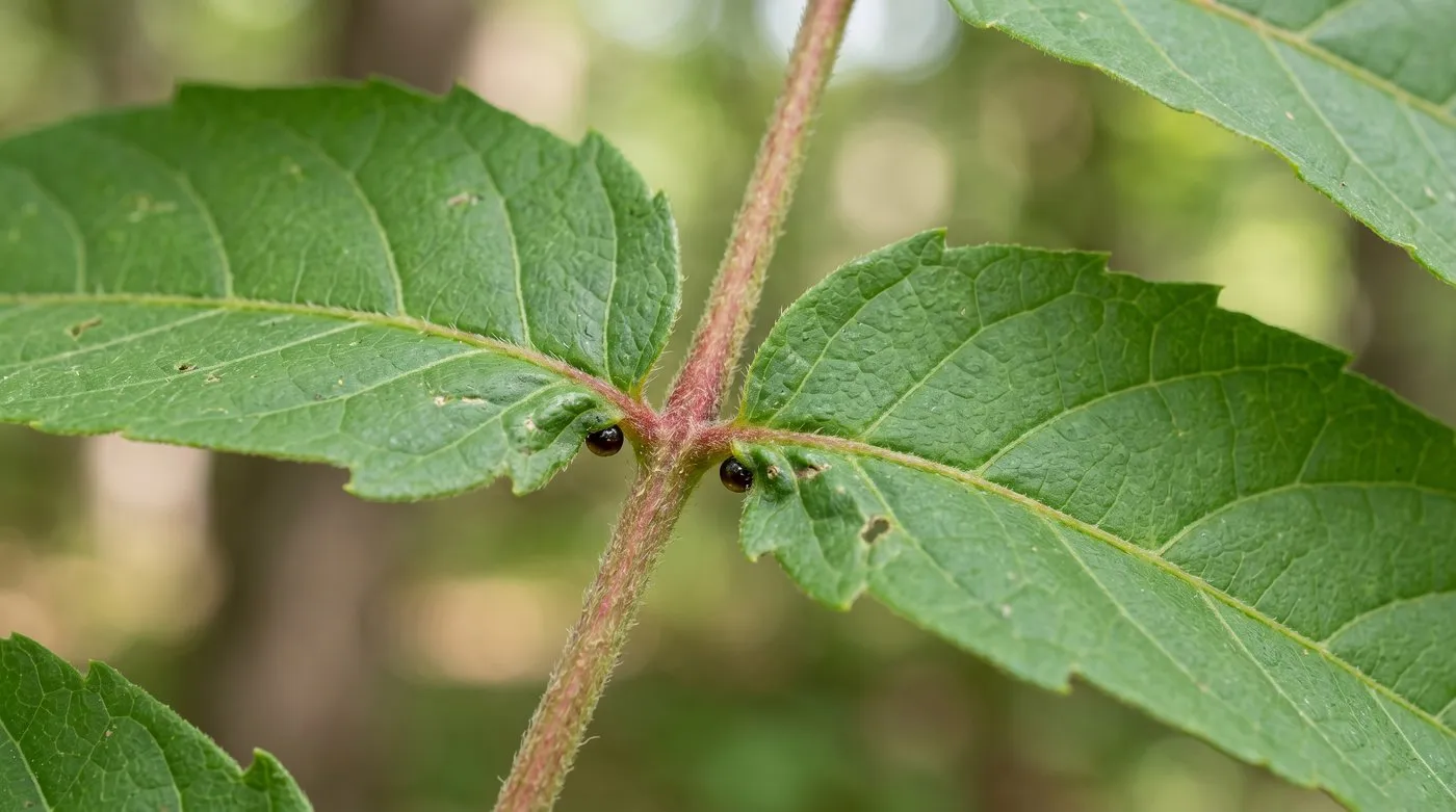 Close-up of a Tree of Heaven leaf showing the basal gland teeth that identify Ailanthus altissima