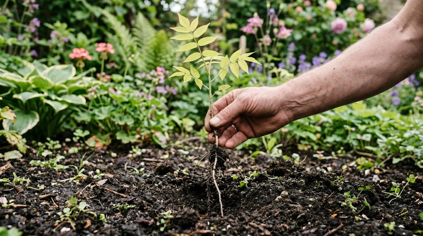 Young Tree of Heaven seedling being hand-pulled from soil before its taproot develops