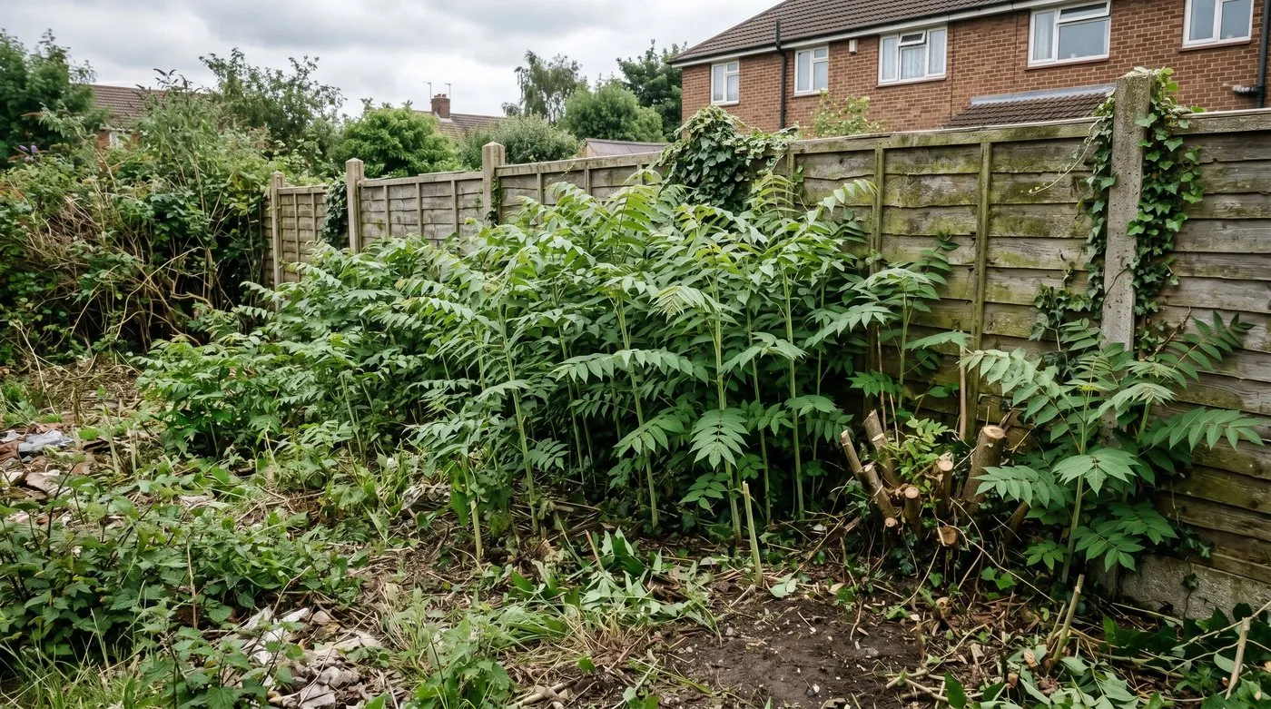 A thicket of Tree of Heaven suckers regrowing along a fence line after the parent tree was cut down