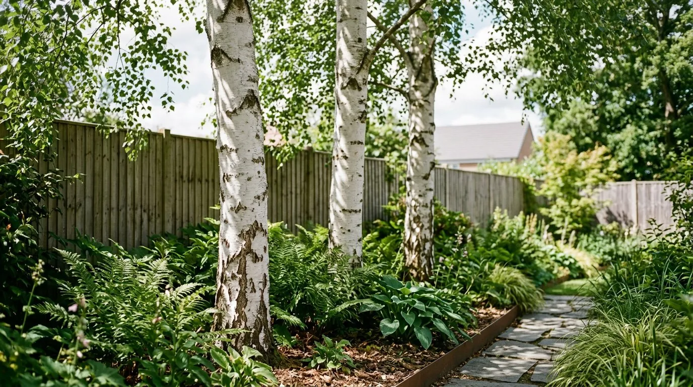 Privacy trees silver birch group planted as a screen in a modern UK garden
