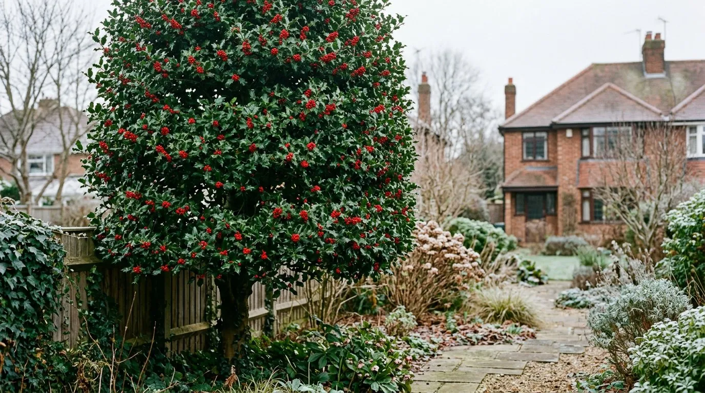 Privacy trees mature holly providing year-round evergreen screening in a UK garden