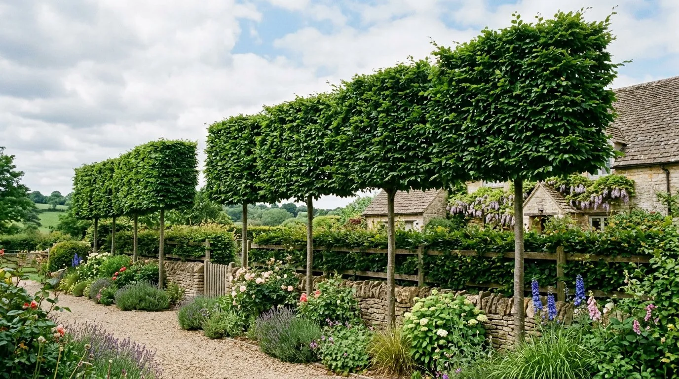 Privacy trees pleached hornbeam screen along a UK garden boundary
