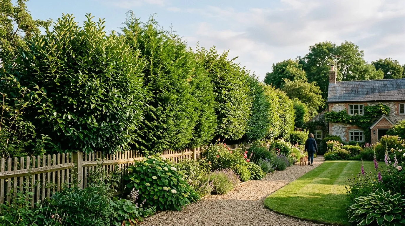 Dense row of Portugal laurel trees forming a tall evergreen screen along a UK garden boundary fence