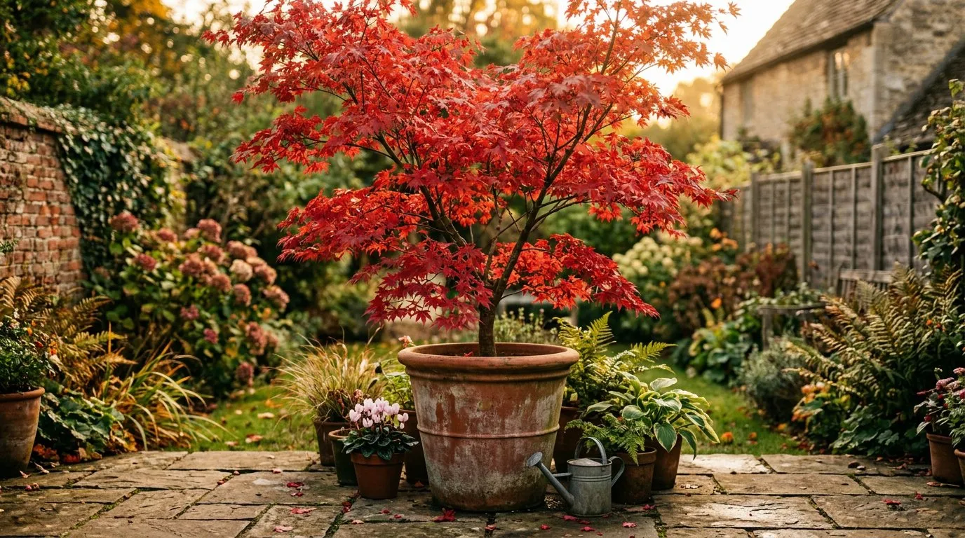 Small garden trees Japanese maple in a terracotta pot on a UK patio