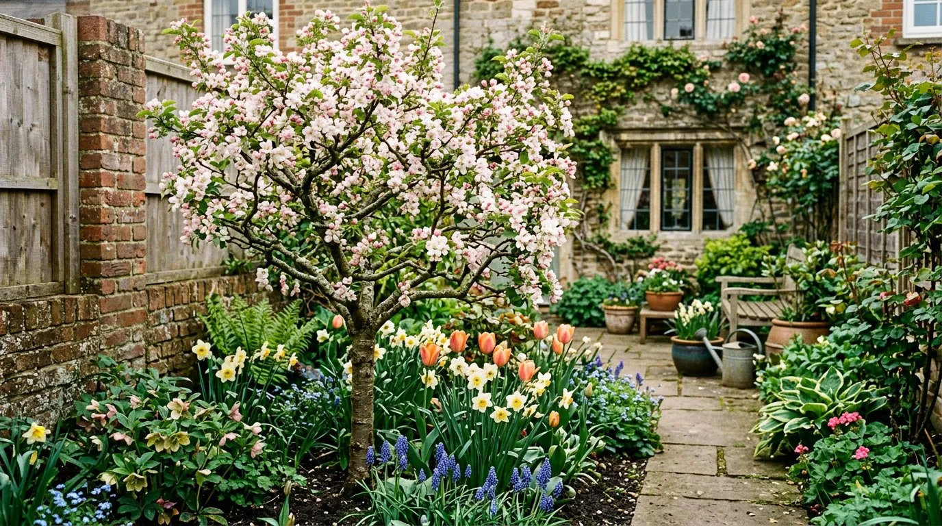 Small garden trees crab apple in spring blossom in a compact UK back garden