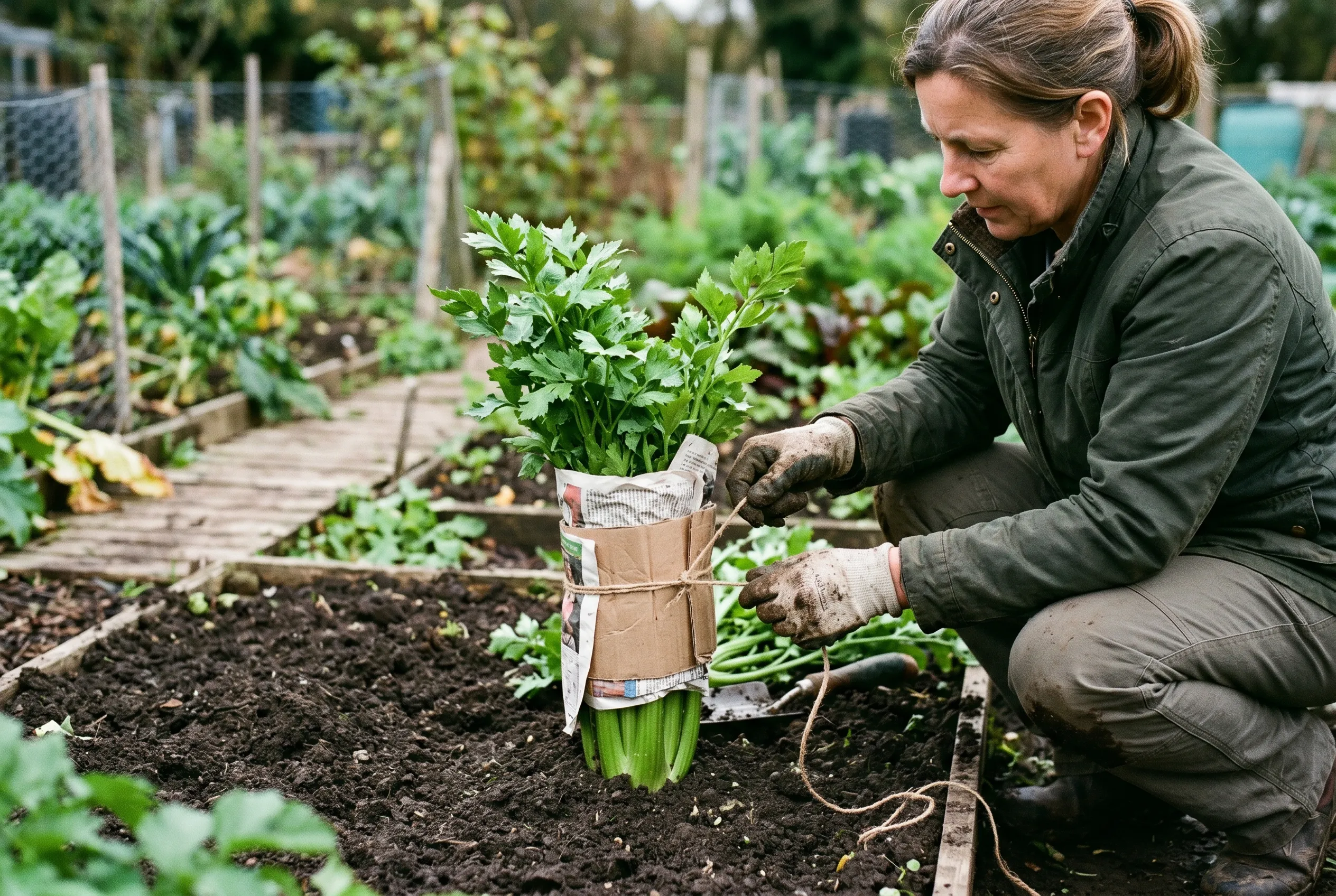 A gardener wrapping celery stems with a collar of cardboard and newspaper to blanch them before earthing up