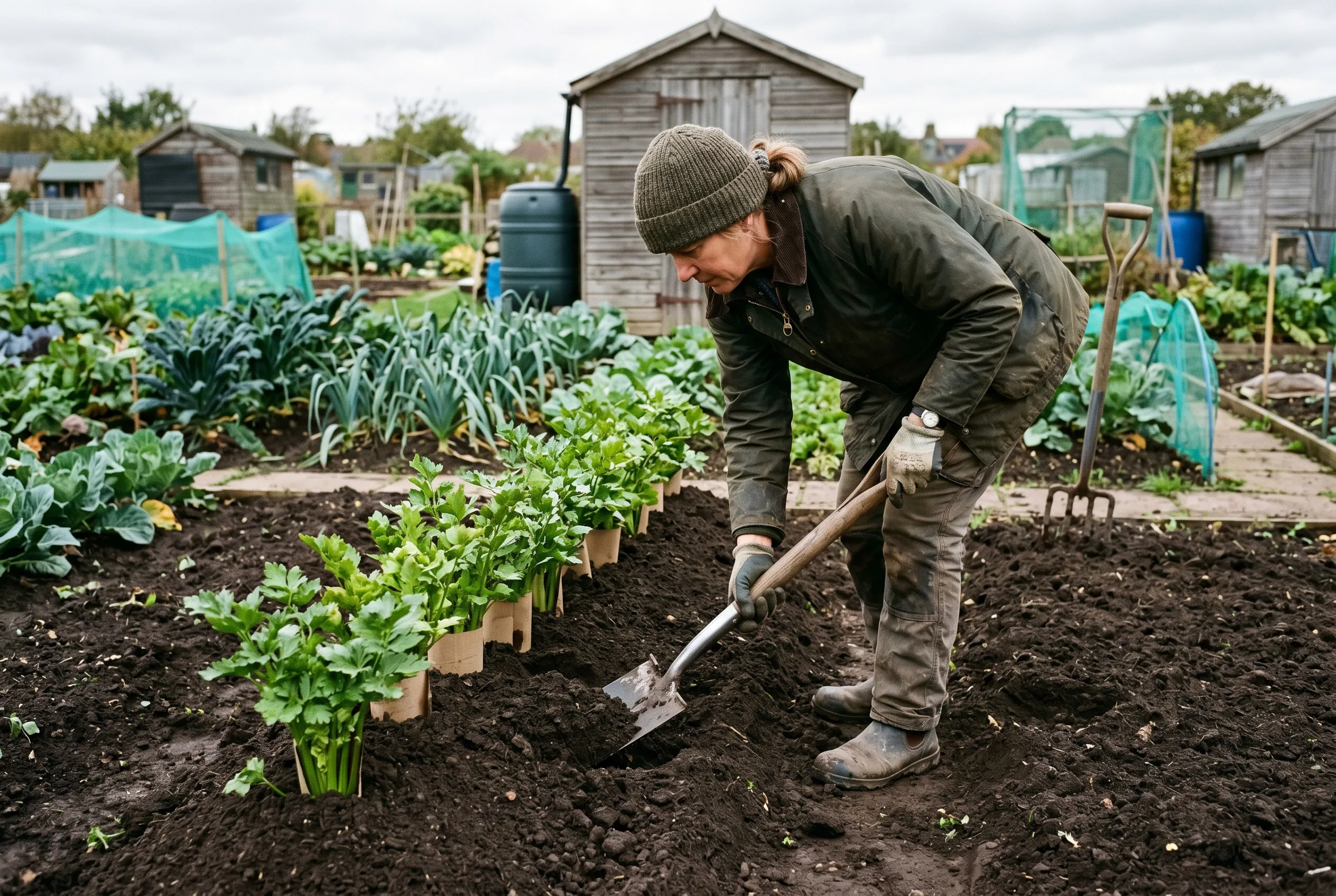 A gardener drawing dark soil up around collared celery stems with a spade to blanch them along a trench