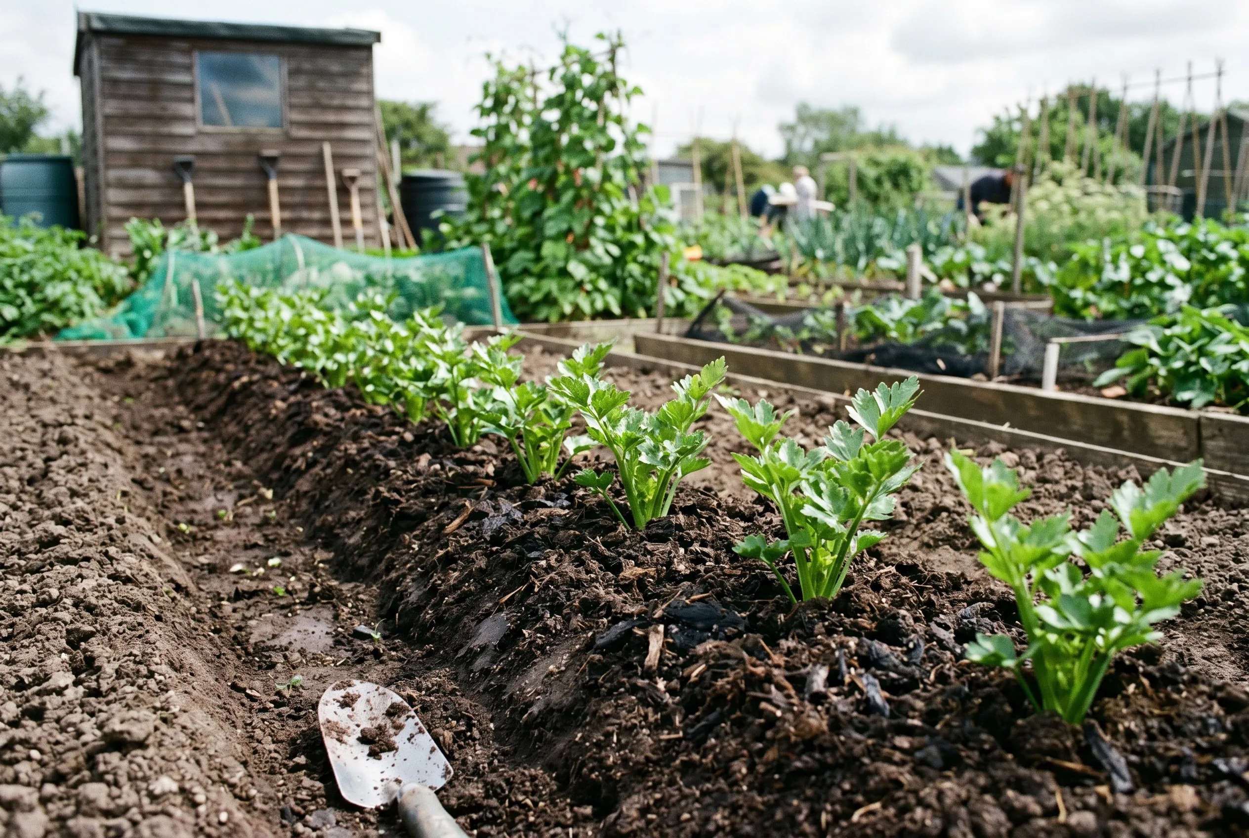 Young celery plants planted in a single row in a prepared manure-filled trench on a UK allotment