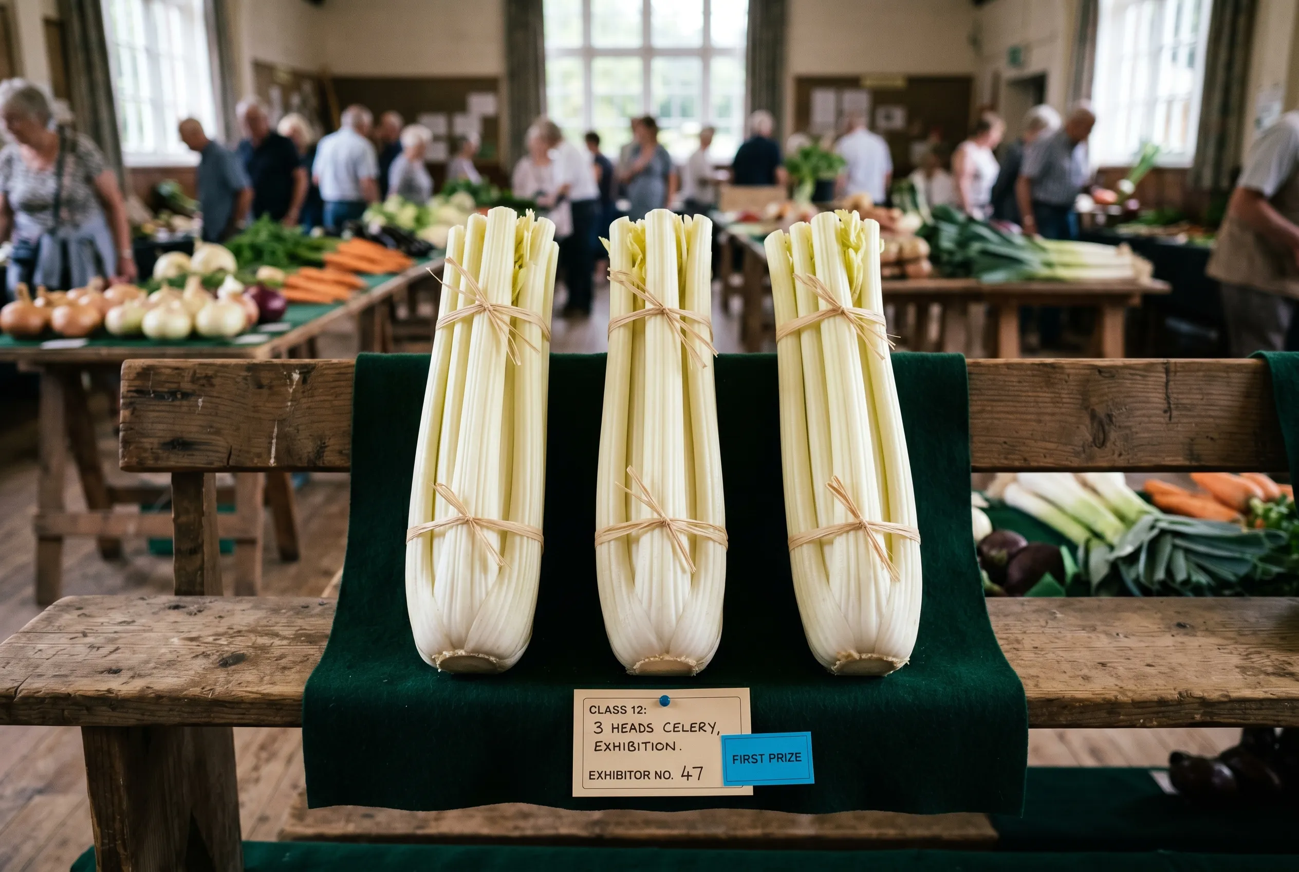 Three matched heads of blanched exhibition celery staged on a show bench at a UK horticultural show