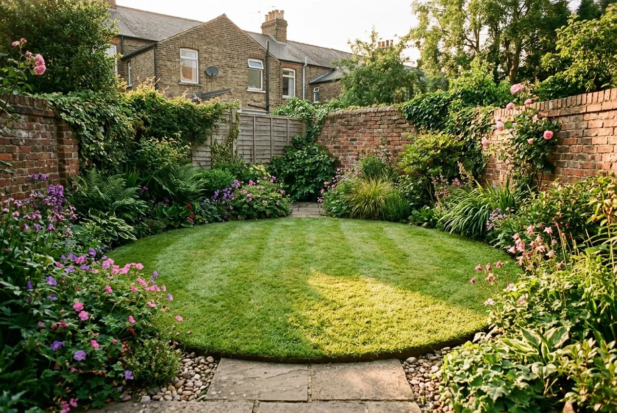 A circular lawn set within the angular boundaries of a UK terraced garden, with planted borders filling the leftover triangular corners around the curve