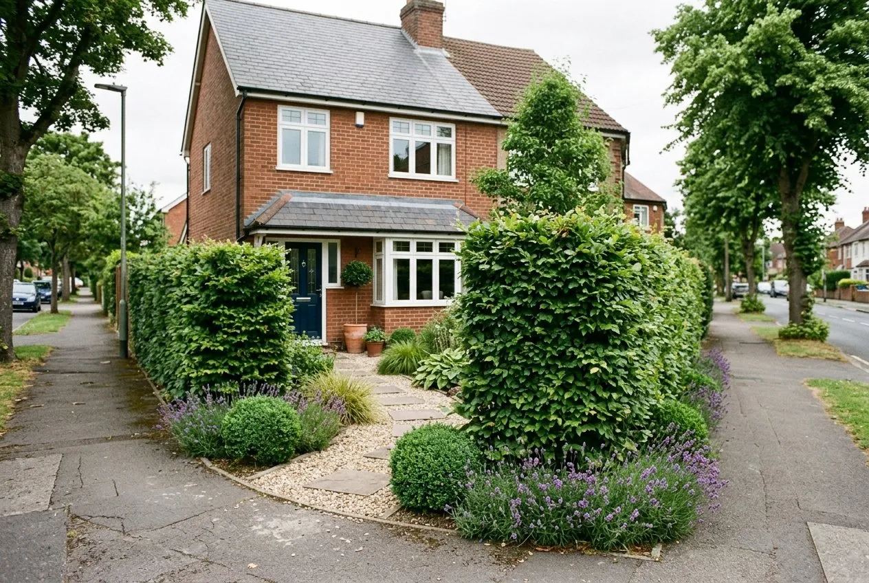 A corner-plot front garden in a UK suburban street, screened by a layered hornbeam hedge behind a low border, giving privacy from two road frontages