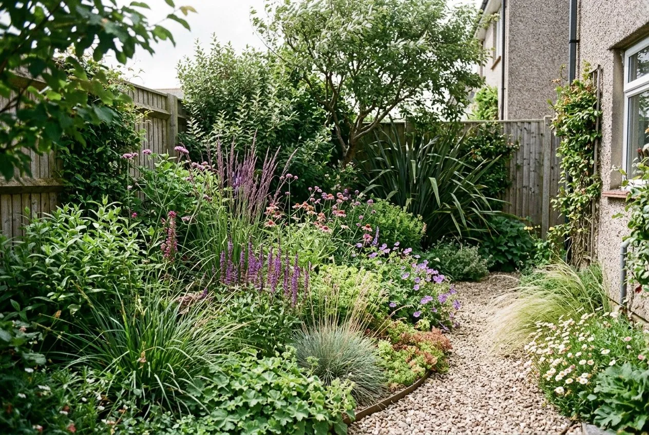 Deep curved borders blurring the corner of a UK garden, with layered shrubs and perennials hiding where two fences meet at an angle, in a seaside town setting