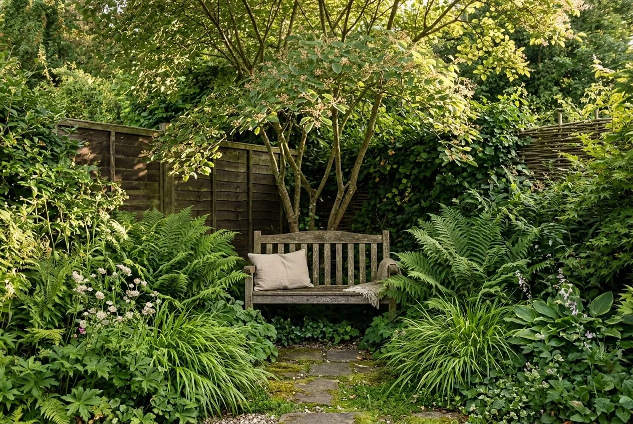 The narrow tip of a wedge-shaped UK garden turned into a hidden seating nook beneath a small multi-stem tree, with a bench screened by planting