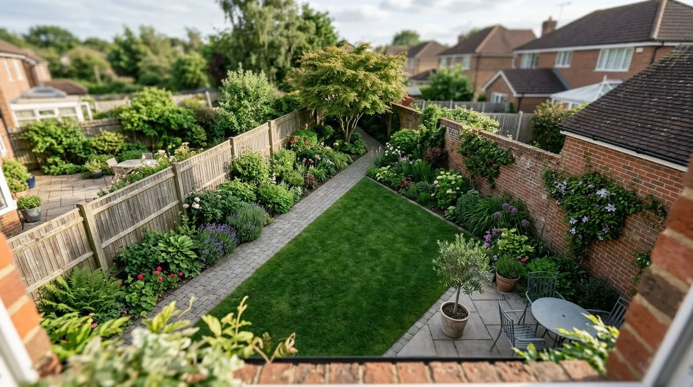 An overhead view of a well-designed triangular UK back garden showing a 45-degree diagonal layout with lawn, paving and deep borders disguising the wedge shape