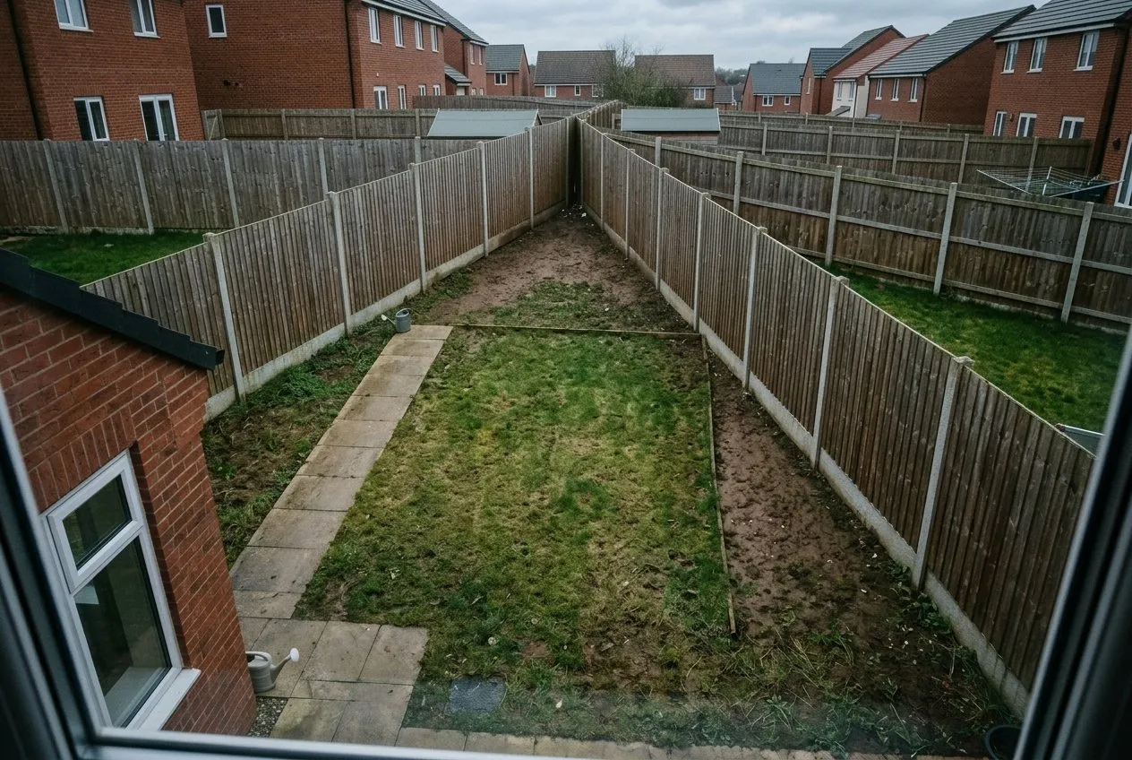 A suburban UK triangular back garden seen from an upstairs window, showing converging side fences and an awkward narrow point at the far end before redesign