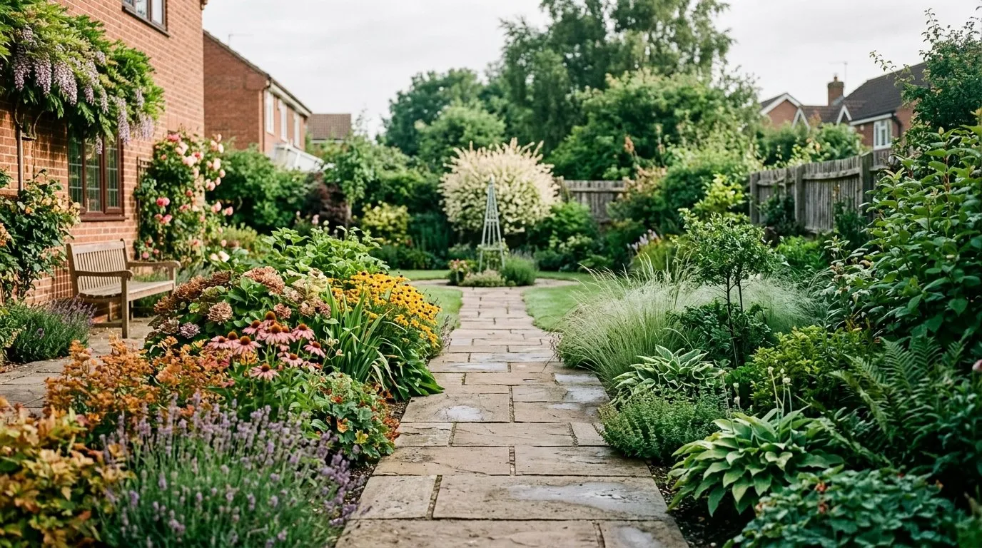 A diagonal paved path narrowing as it leads to a distant focal point in a UK garden, using false perspective to make a wedge-shaped plot feel longer