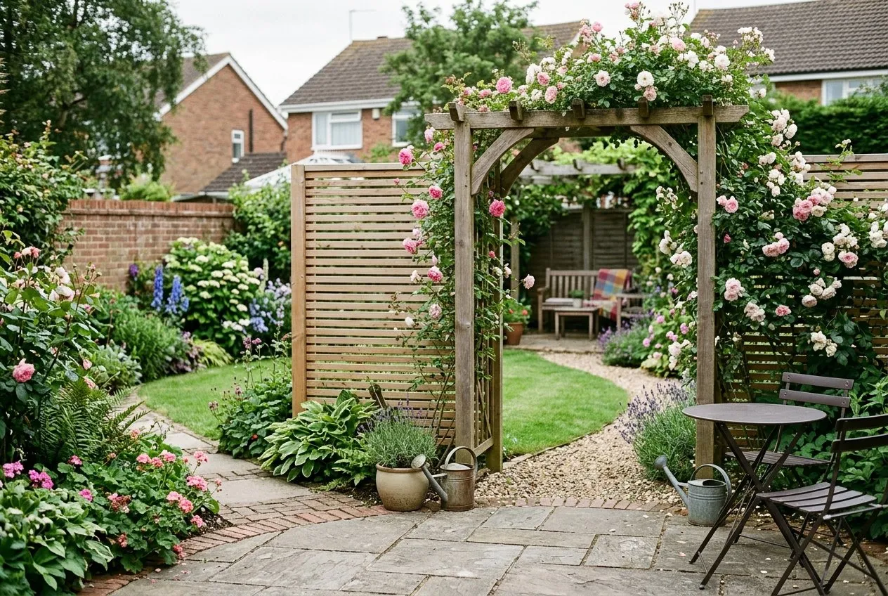 A UK triangular garden divided into zones by a timber screen and a planted arch, with a glimpse of a further seating area beyond, in a cul-de-sac setting