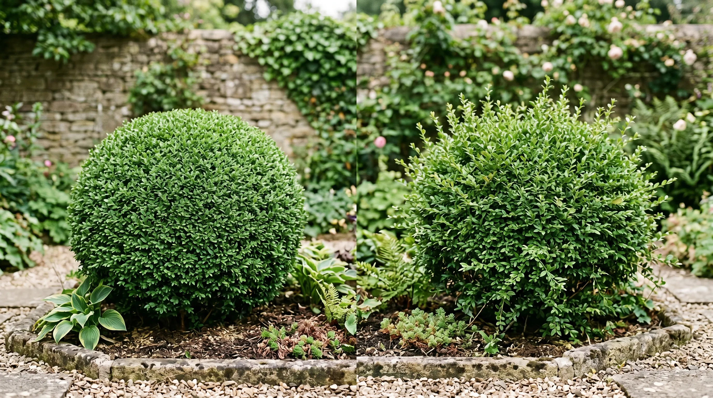 A diagnostic comparison of two UK box balls, the left on twice-yearly trim schedule showing crisp tight shape, the right on single annual trim showing loose blurred outline