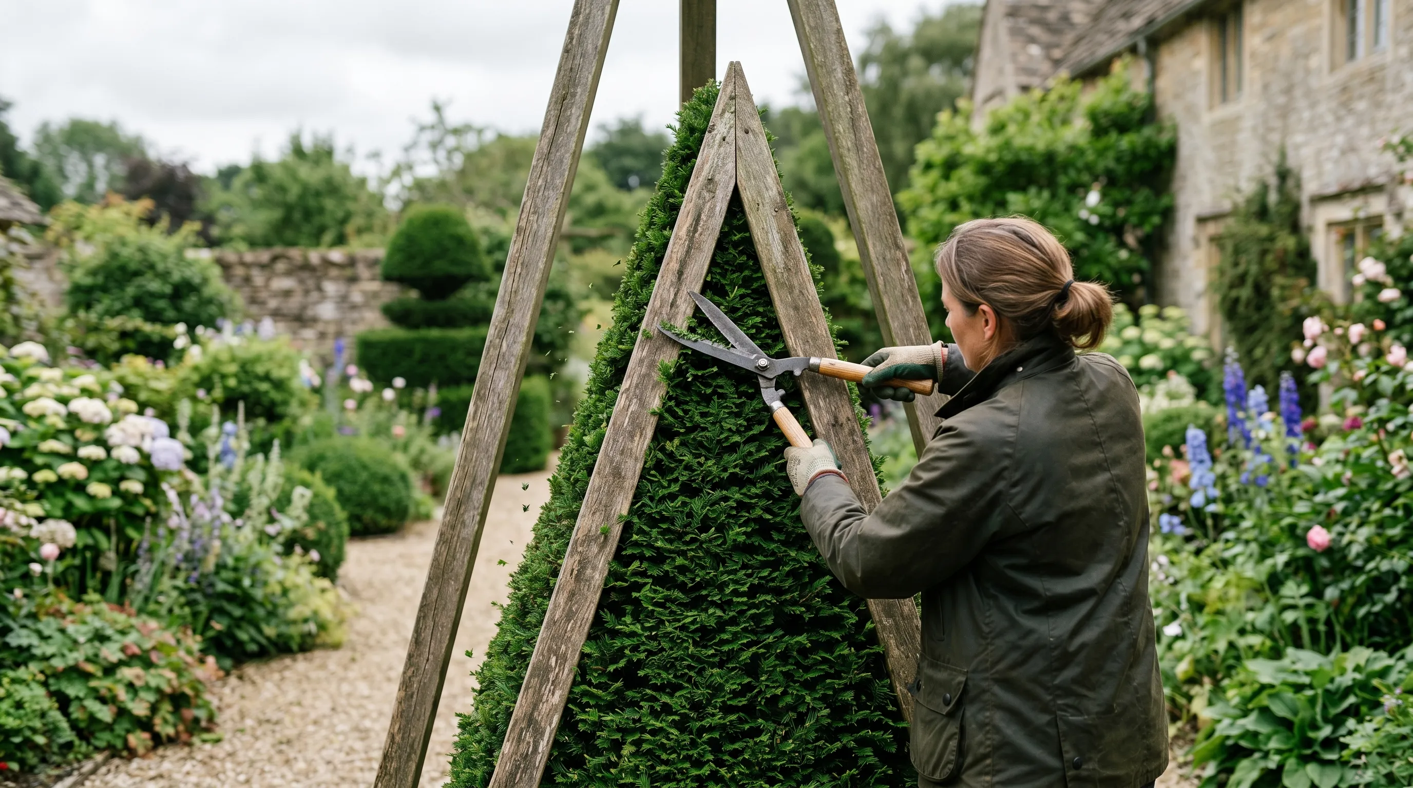 A UK garden topiary cone being trimmed against a wooden A-frame template, with the shears cutting along the frame edge and the cone maintaining perfect shape
